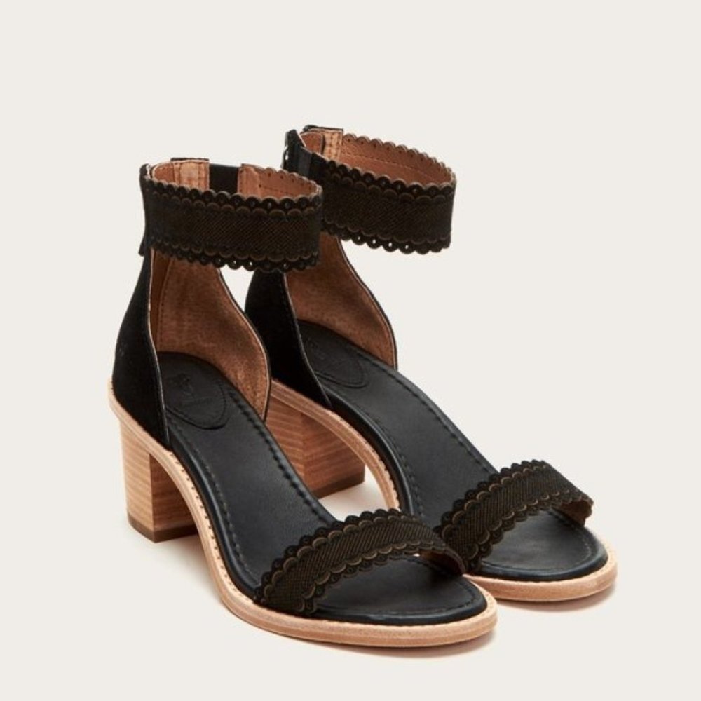 $349 Frye Black Brielle Black Scallop Suede Leather Zip Up Heeled Formal Sandals - Picture 1 of 16